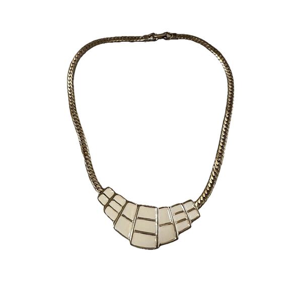 Awesome Gold tone Off White Enamel Collar Wide Herringbone Chain Necklace - Picture 1 of 5